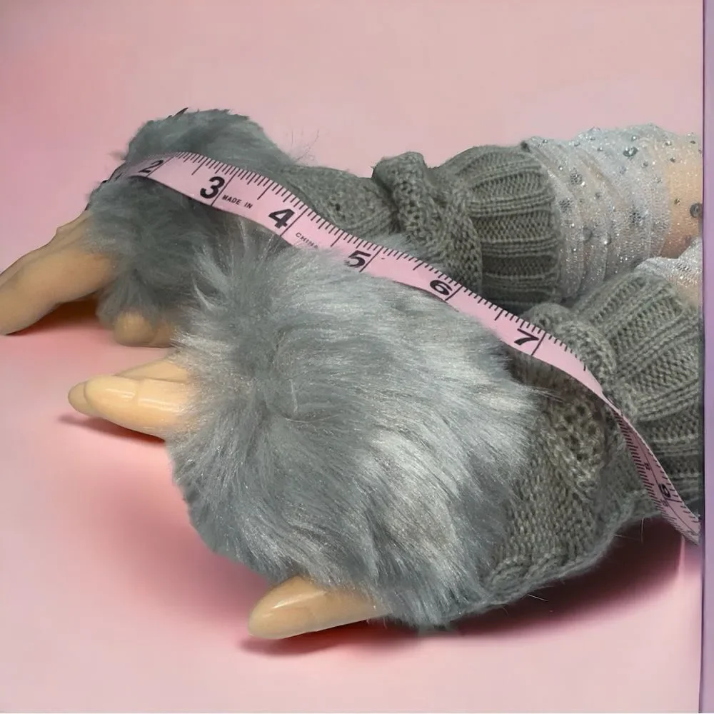 SXY l Elegant Silver Arm Sleeves Shimmery & Sheer, Gray Fuzzy, Fingerless Gloves